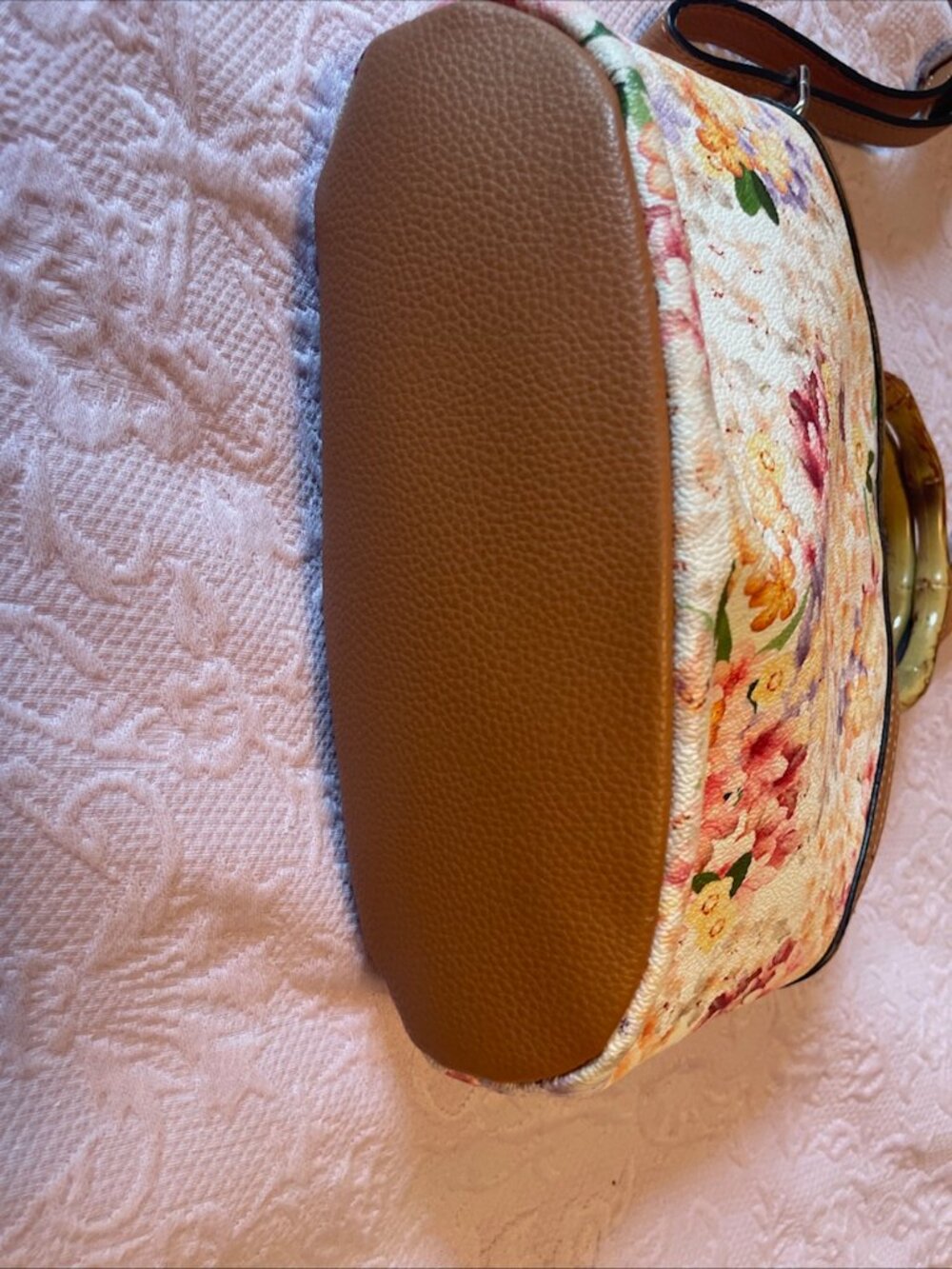 Dana Buchman Crossbody Handles Bag Floral and Tan Bamboo Handles - Picture 4 of 9